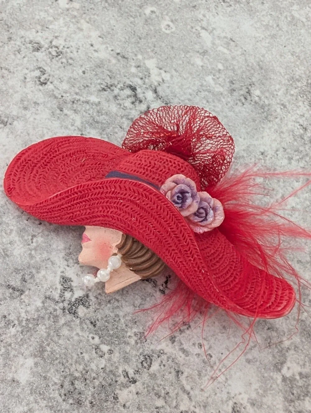 Red Decorative Ladies Hat Brooch with Purple Flower Accents